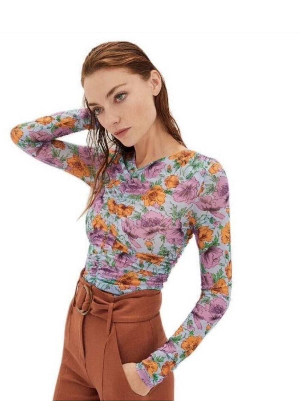 Veronica Beard Lavender and Orange Floral Long-Sleeve Top